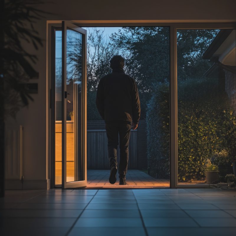 A&nbsp;person steps out into the evening twilight. The warm light contrasts with the cool ambiance. This image captures transition and solitude. Generative AI