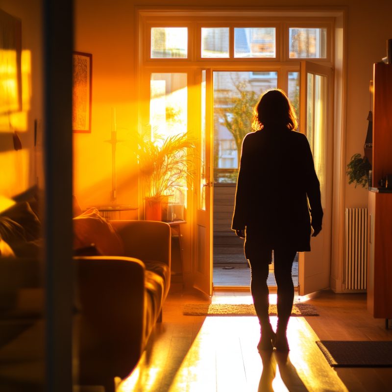 A&nbsp;silhouette walks through a&nbsp;warm sunlight room. The golden glow fills the space creating a&nbsp;welcoming atmosphere. This image captures serenity and reflection. Generative AI